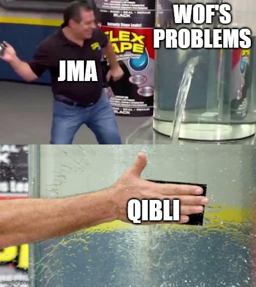 JMA | WOF'S PROBLEMS; JMA; QIBLI | image tagged in flex tape | made w/ Imgflip meme maker