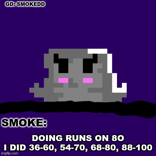 I'm tryna jump from B/DeCode | DOING RUNS ON 8O
I DID 36-60, 54-70, 68-80, 88-100 | image tagged in smoke announcement thing | made w/ Imgflip meme maker