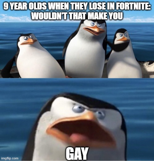 im not trying to be homophobic guys | 9 YEAR OLDS WHEN THEY LOSE IN FORTNITE:
WOULDN'T THAT MAKE YOU; GAY | image tagged in wouldn't that make you,gay | made w/ Imgflip meme maker