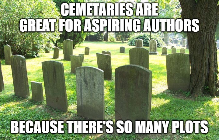 Cemetery | CEMETARIES ARE GREAT FOR ASPIRING AUTHORS; BECAUSE THERE'S SO MANY PLOTS | image tagged in cemetery | made w/ Imgflip meme maker