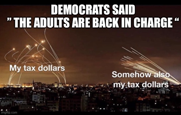 The adults are in charge | DEMOCRATS SAID
” THE ADULTS ARE BACK IN CHARGE “ | image tagged in hamas our taxes,hamas,memes | made w/ Imgflip meme maker