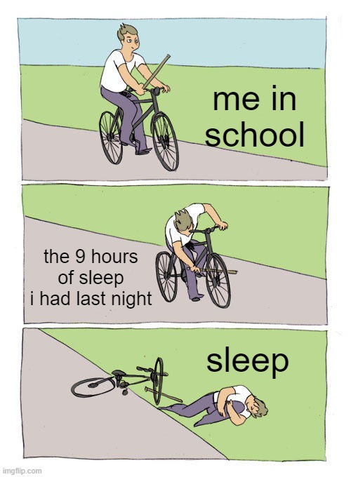 Bike Fall | me in school; the 9 hours of sleep i had last night; sleep | image tagged in memes,bike fall | made w/ Imgflip meme maker