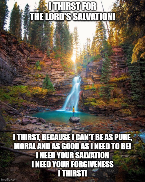 I Thirst | I THIRST FOR THE LORD'S SALVATION! I THIRST, BECAUSE I CAN'T BE AS PURE,
MORAL AND AS GOOD AS I NEED TO BE!
I NEED YOUR SALVATION
I NEED YOUR FORGIVENESS
I THIRST! | image tagged in jesus,salvation,spirituality,inner knowing,god,i am | made w/ Imgflip meme maker