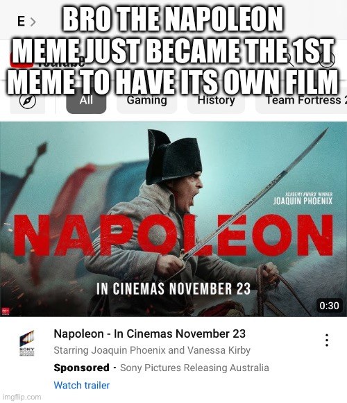 1st meme with its own film | BRO THE NAPOLEON MEME JUST BECAME THE 1ST MEME TO HAVE ITS OWN FILM | image tagged in napoleon,memes,funny,films,true,theres nothing we can do | made w/ Imgflip meme maker