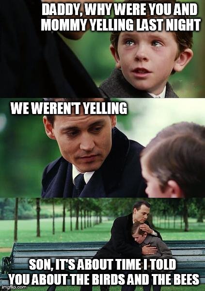 Finding Neverland | DADDY, WHY WERE YOU AND MOMMY YELLING LAST NIGHT SON, IT'S ABOUT TIME I TOLD YOU ABOUT THE BIRDS AND THE BEES WE WEREN'T YELLING | image tagged in memes,finding neverland | made w/ Imgflip meme maker