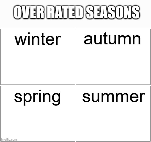 Blank Comic Panel 2x2 | OVER RATED SEASONS; autumn; winter; spring; summer | image tagged in memes,blank comic panel 2x2 | made w/ Imgflip meme maker