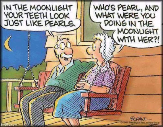 Old couple | image tagged in moonlight,on your teeth,look like pearls,who is pearl,comics | made w/ Imgflip meme maker