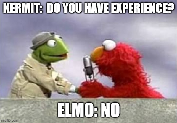 HEHEHEHE | KERMIT:  DO YOU HAVE EXPERIENCE? ELMO: NO | image tagged in kermit interviews elmo | made w/ Imgflip meme maker