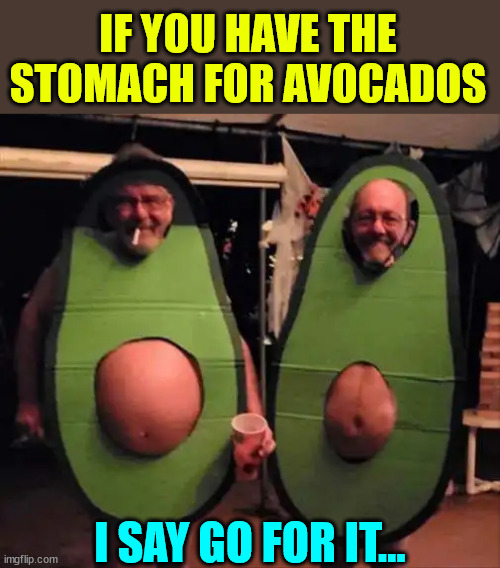 What are you going as this Halloween? | IF YOU HAVE THE STOMACH FOR AVOCADOS; I SAY GO FOR IT... | image tagged in repost,halloween,costumes,avocado | made w/ Imgflip meme maker