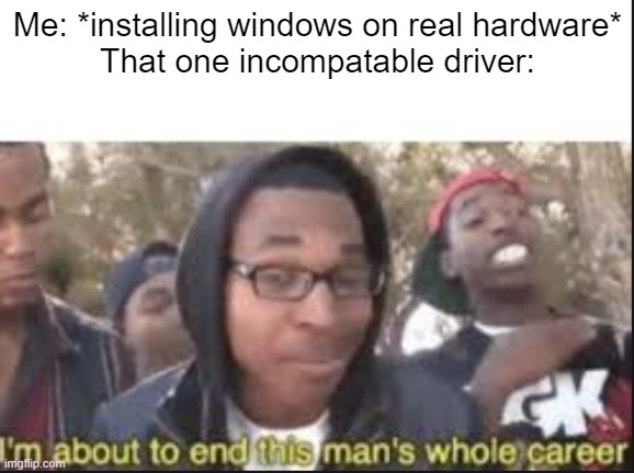 You just want to install Windows and this happens | Me: *installing windows on real hardware*
That one incompatable driver: | image tagged in im about to end this mans whole carrer | made w/ Imgflip meme maker
