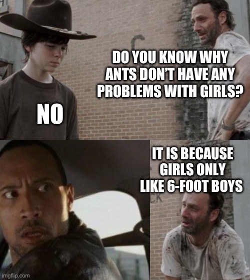 Rick and Carl | DO YOU KNOW WHY ANTS DON’T HAVE ANY PROBLEMS WITH GIRLS? NO; IT IS BECAUSE GIRLS ONLY LIKE 6-FOOT BOYS | image tagged in memes,rick and carl | made w/ Imgflip meme maker