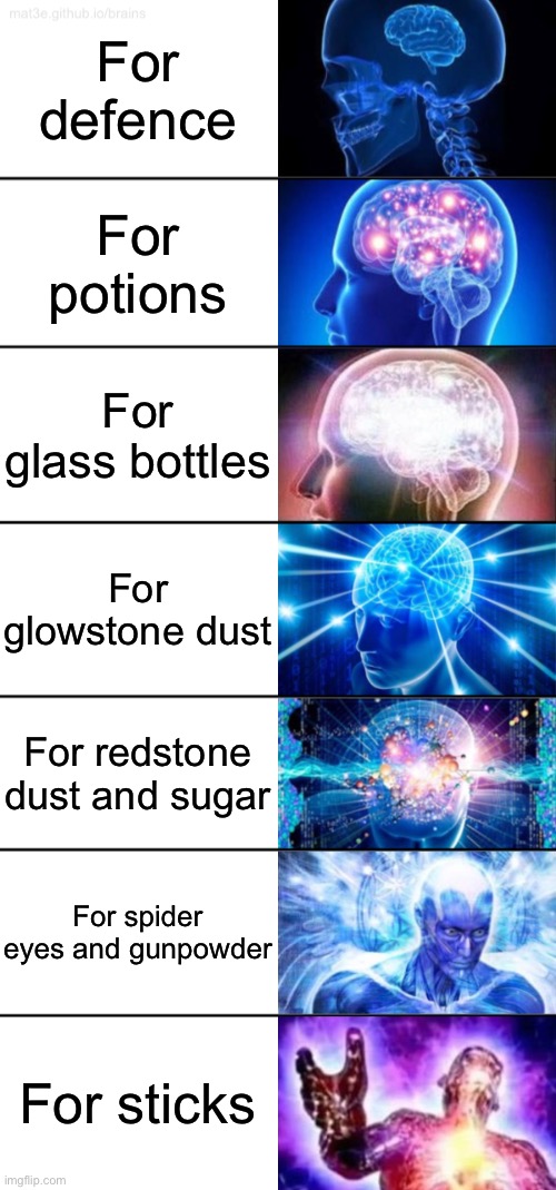 Killing witches for… | For defence; For potions; For glass bottles; For glowstone dust; For redstone dust and sugar; For spider eyes and gunpowder; For sticks | image tagged in 7-tier expanding brain | made w/ Imgflip meme maker