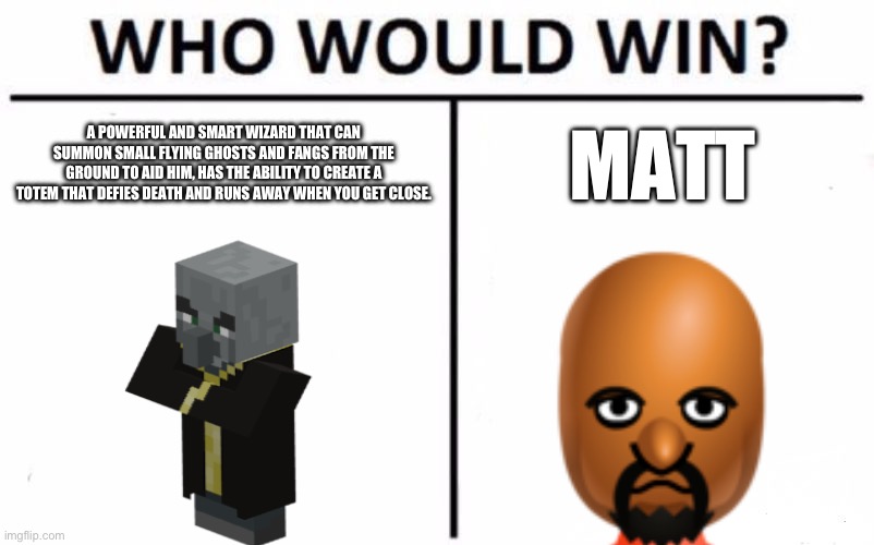 Who Would Win? | A POWERFUL AND SMART WIZARD THAT CAN SUMMON SMALL FLYING GHOSTS AND FANGS FROM THE GROUND TO AID HIM, HAS THE ABILITY TO CREATE A TOTEM THAT DEFIES DEATH AND RUNS AWAY WHEN YOU GET CLOSE. MATT | image tagged in memes,who would win | made w/ Imgflip meme maker