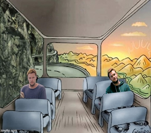 Two Boyfriends on a Bus | image tagged in midsommar,christian hughes,two guys on a bus | made w/ Imgflip meme maker