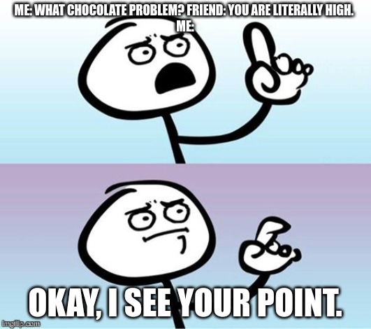 Wait a minute!  Never mind. | ME: WHAT CHOCOLATE PROBLEM? FRIEND: YOU ARE LITERALLY HIGH. 
ME:; OKAY, I SEE YOUR POINT. | image tagged in wait a minute never mind | made w/ Imgflip meme maker