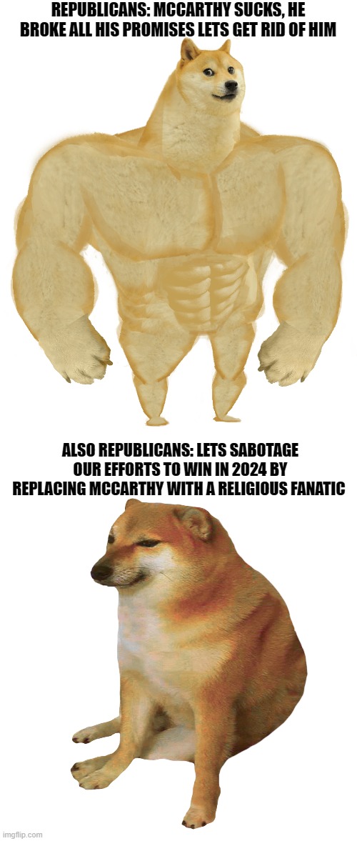 McScrewup | REPUBLICANS: MCCARTHY SUCKS, HE BROKE ALL HIS PROMISES LETS GET RID OF HIM; ALSO REPUBLICANS: LETS SABOTAGE OUR EFFORTS TO WIN IN 2024 BY REPLACING MCCARTHY WITH A RELIGIOUS FANATIC | image tagged in swole doge,cheems,republicans,speaker,congress | made w/ Imgflip meme maker