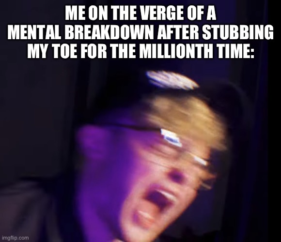 It’s really freakin annoying | ME ON THE VERGE OF A MENTAL BREAKDOWN AFTER STUBBING MY TOE FOR THE MILLIONTH TIME: | image tagged in cgyells | made w/ Imgflip meme maker