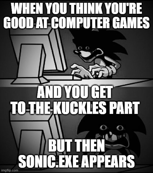 Sonic Computer | WHEN YOU THINK YOU'RE GOOD AT COMPUTER GAMES; AND YOU GET TO THE KUCKLES PART; BUT THEN SONIC.EXE APPEARS | image tagged in sonic computer | made w/ Imgflip meme maker