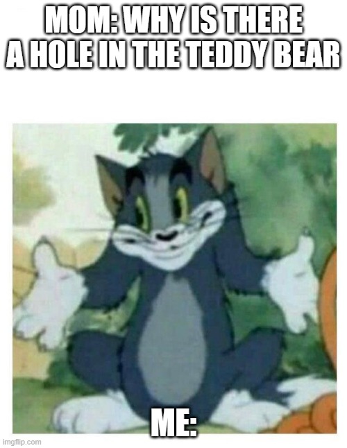 yhyiy | MOM: WHY IS THERE A HOLE IN THE TEDDY BEAR; ME: | image tagged in idk tom template | made w/ Imgflip meme maker