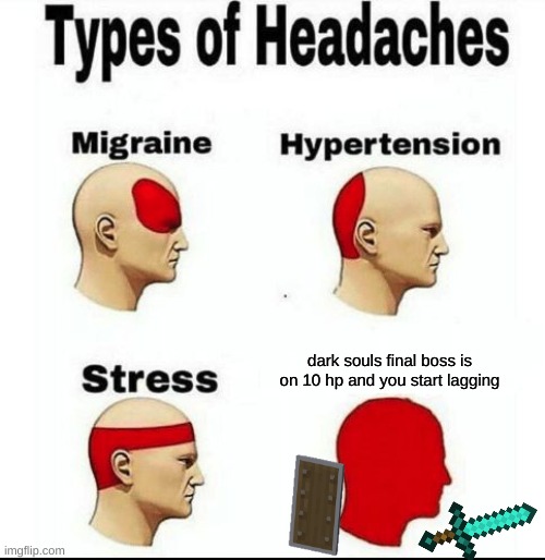 pain | dark souls final boss is on 10 hp and you start lagging | image tagged in types of headaches meme | made w/ Imgflip meme maker