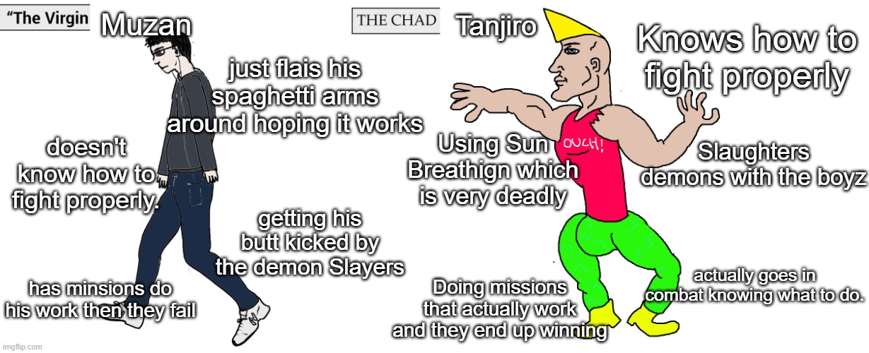 Demon slayer Manga finale be like: | Muzan; Tanjiro; Knows how to fight properly; just flais his spaghetti arms around hoping it works; Slaughters demons with the boyz; Using Sun Breathign which is very deadly; doesn't know how to fight properly. getting his butt kicked by the demon Slayers; actually goes in combat knowing what to do. has minsions do his work then they fail; Doing missions that actually work and they end up winning | image tagged in virgin and chad,memes,funny | made w/ Imgflip meme maker