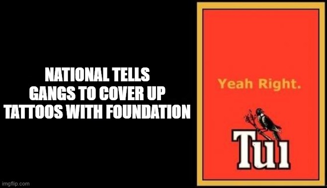 Tui | NATIONAL TELLS GANGS TO COVER UP TATTOOS WITH FOUNDATION | image tagged in tui,national tells gangs to cover uo with foundation | made w/ Imgflip meme maker
