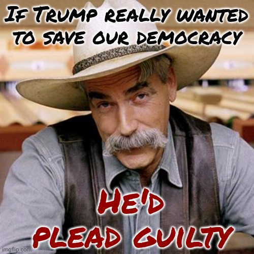Trump's Finally Starting To Realize He's Going To Go To Prison | If Trump really wanted to save our democracy; He'd plead guilty | image tagged in sarcasm cowboy,lock him up,scumbag trump,scumbag maga,scumbag republicans,memes | made w/ Imgflip meme maker