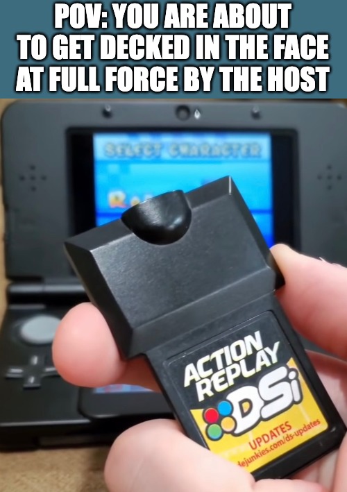Local play sessions were the best | POV: YOU ARE ABOUT TO GET DECKED IN THE FACE AT FULL FORCE BY THE HOST | image tagged in ds,mario kart,competitive,gaming,handheld,golden age | made w/ Imgflip meme maker