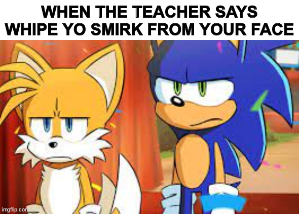 School be like 2 | WHEN THE TEACHER SAYS WHIPE YO SMIRK FROM YOUR FACE | image tagged in dissapointed sonic and tails,sonic the hedgehog,sonic,school,relatable,tails the fox | made w/ Imgflip meme maker