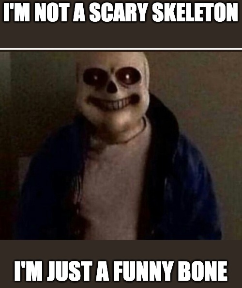 Wtf this is actually coherent...? | I'M NOT A SCARY SKELETON; I'M JUST A FUNNY BONE | image tagged in sans,funny bone,bone pun,bones,sans undertale,skeleton | made w/ Imgflip meme maker