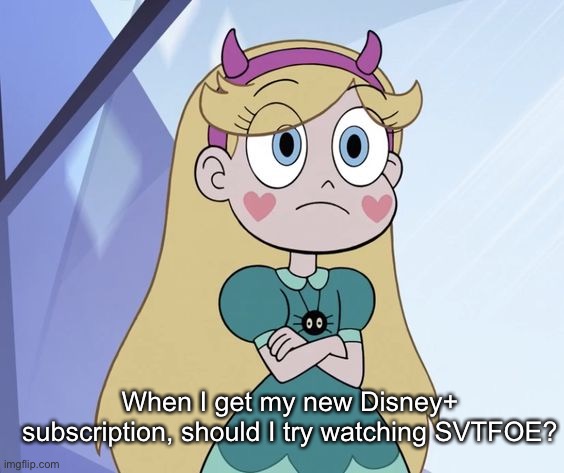 I have not watched it, but I bet Cheems will say yes | When I get my new Disney+ subscription, should I try watching SVTFOE? | image tagged in star butterfly | made w/ Imgflip meme maker