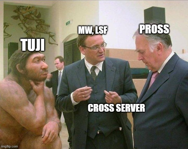 Two men talking one monkey listening | PROSS; MW, LSF; TUJI; CROSS SERVER | image tagged in two men talking one monkey listening | made w/ Imgflip meme maker