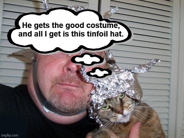 tin foil hat | He gets the good costume, and all I get is this tinfoil hat. | image tagged in tin foil hat | made w/ Imgflip meme maker