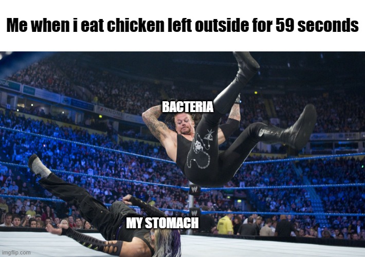 me when i eat chicken | Me when i eat chicken left outside for 59 seconds; BACTERIA; MY STOMACH | image tagged in meme smackdown | made w/ Imgflip meme maker