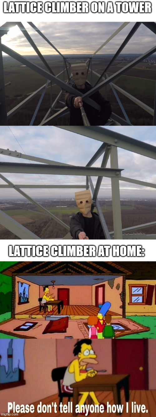 Urban climbers at home be like | LATTICE CLIMBER ON A TOWER; LATTICE CLIMBER AT HOME: | image tagged in paper bag head,home,simpsons,lattice climbing,template,humor | made w/ Imgflip meme maker