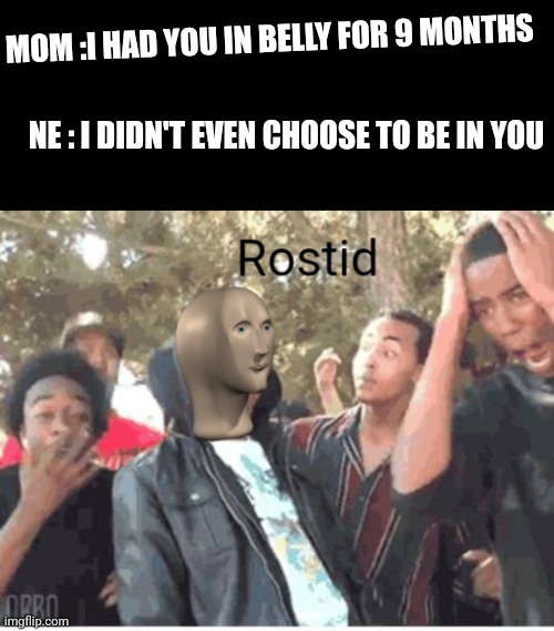 Meme Man Rostid | MOM :I HAD YOU IN BELLY FOR 9 MONTHS; NE : I DIDN'T EVEN CHOOSE TO BE IN YOU | image tagged in meme man rostid | made w/ Imgflip meme maker