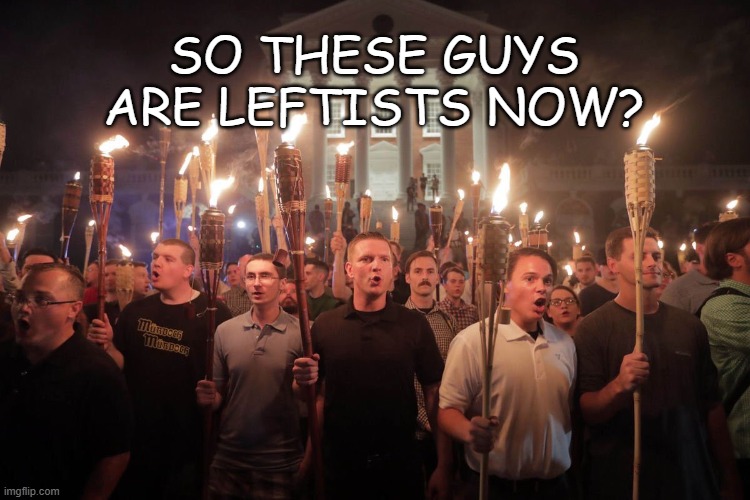 White Supremacists in Charlottesville | SO THESE GUYS ARE LEFTISTS NOW? | image tagged in white supremacists in charlottesville | made w/ Imgflip meme maker