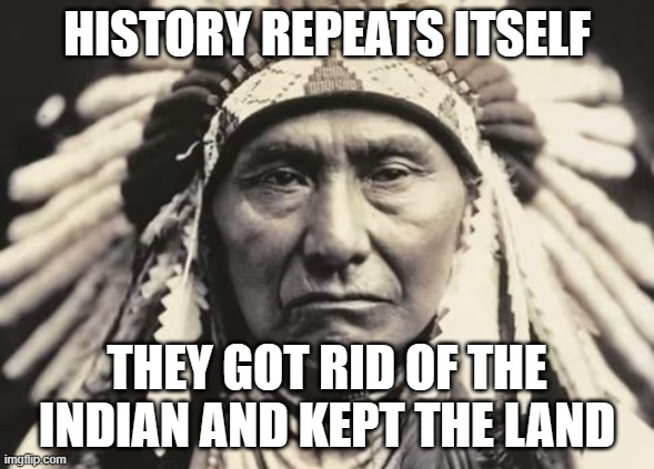 American Indian | HISTORY REPEATS ITSELF THEY GOT RID OF THE INDIAN AND KEPT THE LAND | image tagged in american indian | made w/ Imgflip meme maker
