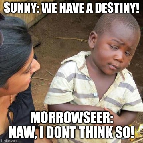 Wings of Fire meme | SUNNY: WE HAVE A DESTINY! MORROWSEER: NAW, I DONT THINK SO! | image tagged in memes,third world skeptical kid | made w/ Imgflip meme maker