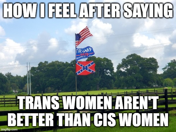 Confederate Trump | HOW I FEEL AFTER SAYING; TRANS WOMEN AREN'T BETTER THAN CIS WOMEN | image tagged in confederate trump | made w/ Imgflip meme maker