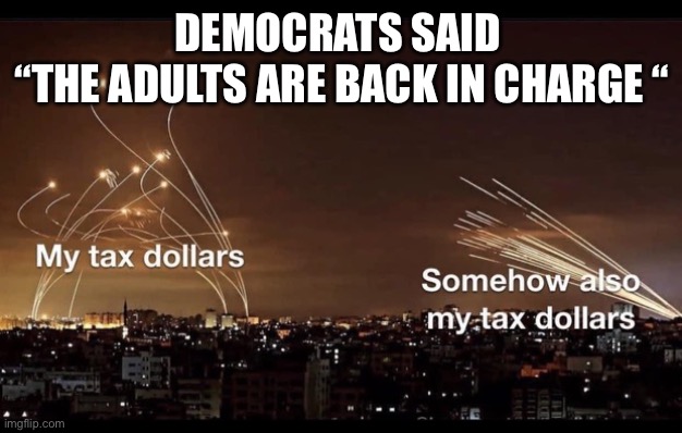Adults democrats taxes | DEMOCRATS SAID 
“THE ADULTS ARE BACK IN CHARGE “ | image tagged in hamas our taxes,hamas,israel,memes | made w/ Imgflip meme maker