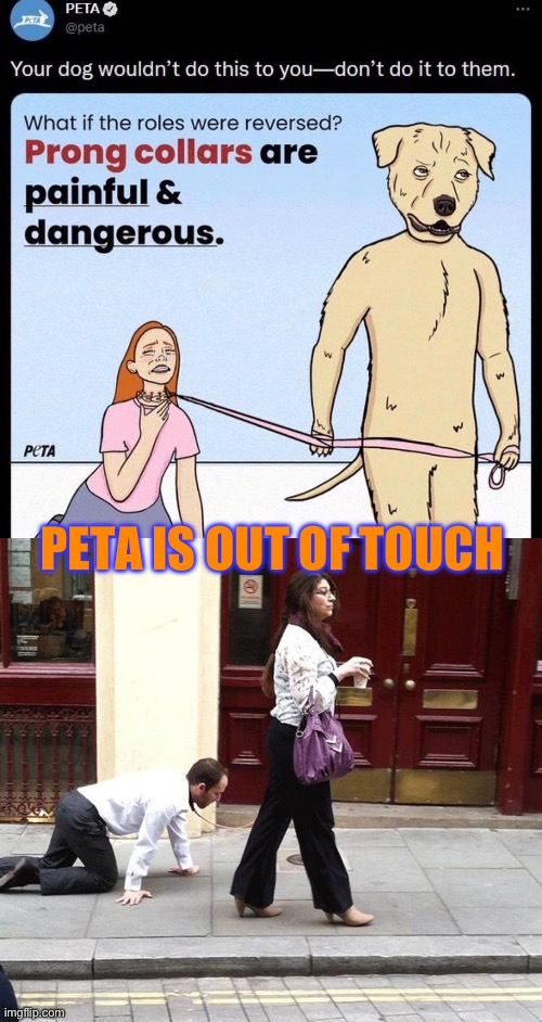 PETA IS OUT OF TOUCH | image tagged in walking a person,peta | made w/ Imgflip meme maker