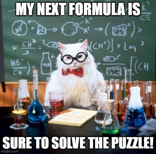 Chemistry Cat Meme | MY NEXT FORMULA IS; SURE TO SOLVE THE PUZZLE! | image tagged in memes,chemistry cat | made w/ Imgflip meme maker