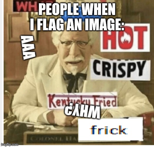 Kentucky fried chicken aaaaaa | PEOPLE WHEN I FLAG AN IMAGE: | image tagged in kentucky fried chicken aaaaaa | made w/ Imgflip meme maker