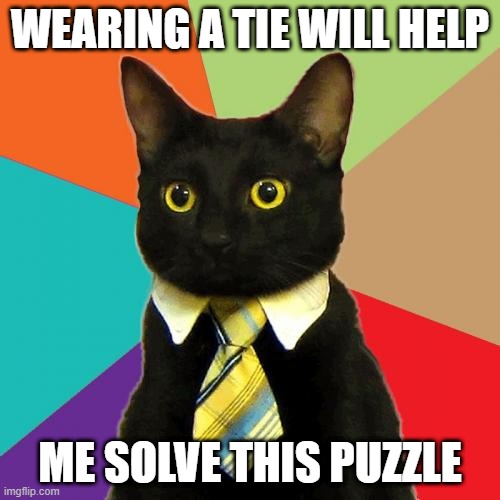Business Cat Meme | WEARING A TIE WILL HELP; ME SOLVE THIS PUZZLE | image tagged in memes,business cat | made w/ Imgflip meme maker