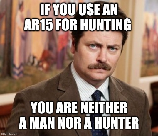Ron swanson | IF YOU USE AN AR15 FOR HUNTING; YOU ARE NEITHER A MAN NOR A HUNTER | image tagged in memes,ron swanson | made w/ Imgflip meme maker