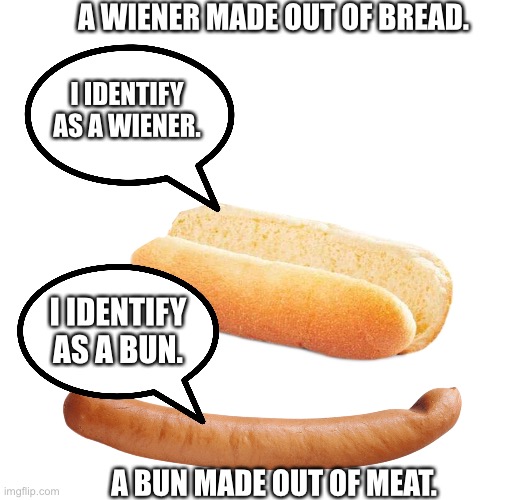 Why the hell not? | A WIENER MADE OUT OF BREAD. I IDENTIFY AS A WIENER. I IDENTIFY AS A BUN. A BUN MADE OUT OF MEAT. | image tagged in 2023 | made w/ Imgflip meme maker