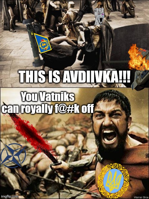 THIS IS AVDIIVKA!!! You Vatniks can royally f@#k off | image tagged in madness - this is sparta,spartan leonidas,NAFO | made w/ Imgflip meme maker