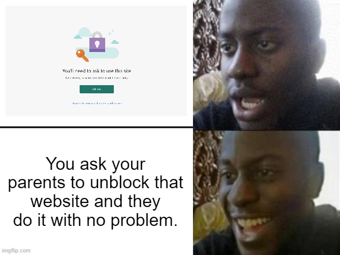 Reversed Disappointed Black Man | You ask your parents to unblock that website and they do it with no problem. | image tagged in reversed disappointed black man | made w/ Imgflip meme maker