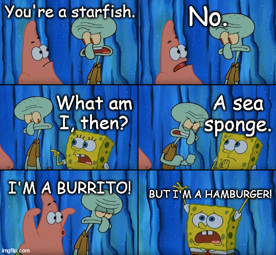 SPONGEBOB PATRICK STAR = HAMBURGER BURRITO, LEAVING SQUIDWARD IS A SUSHI ROLL | You're a starfish. No. A sea sponge. What am I, then? I'M A BURRITO! BUT I'M A HAMBURGER! | image tagged in stop it patrick you're scaring him | made w/ Imgflip meme maker